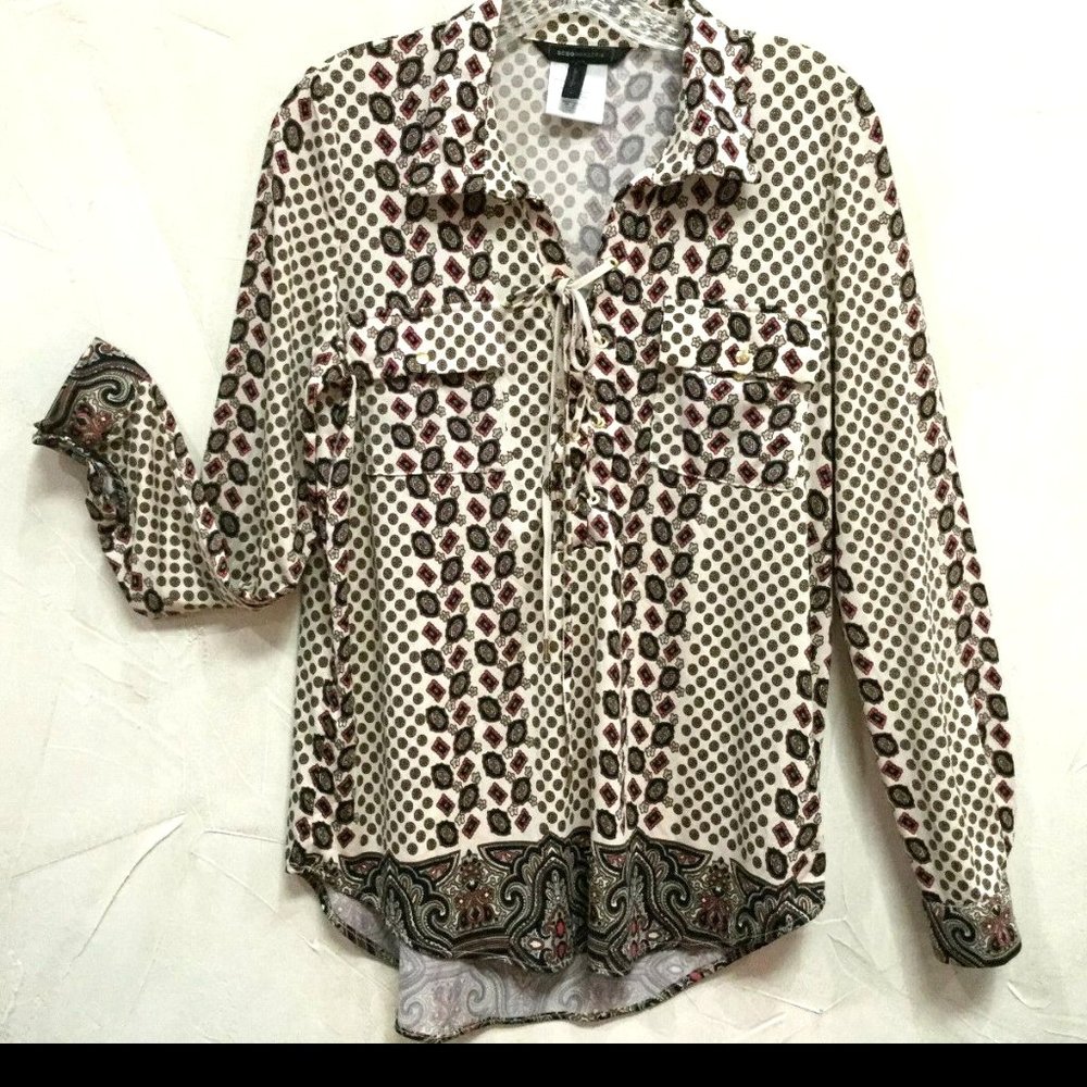 BCBGMaxAzira Womens Siz M 8 10 Tunic Top Shirt Blouse Stretch Beige Orange Brown